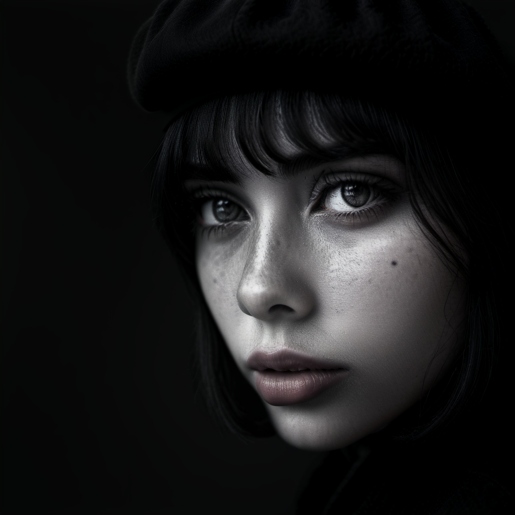 cinematic dark monochrome photo Vivid colors ï¼Vibrantï¼Vivid colors Vibrantï¼ a cool bobcut girl wearing a beret hat round eyesï¼charming eyes, charming faceï¼ abstract, minimalism, flat vibrant colorsï¼by Coccolemon, <lora:Into_Darkness:1> , <lora:JuggerCineXL2:1>