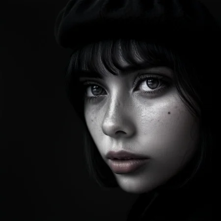 cinematic dark monochrome photo Vivid colors ï¼Vibrantï¼Vivid colors Vibrantï¼ a cool bobcut girl wearing a beret hat round eyesï¼charming eyes, charming faceï¼ abstract, minimalism, flat vibrant colorsï¼by Coccolemon, <lora:Into_Darkness:1> , <lora:JuggerCineXL2:1>