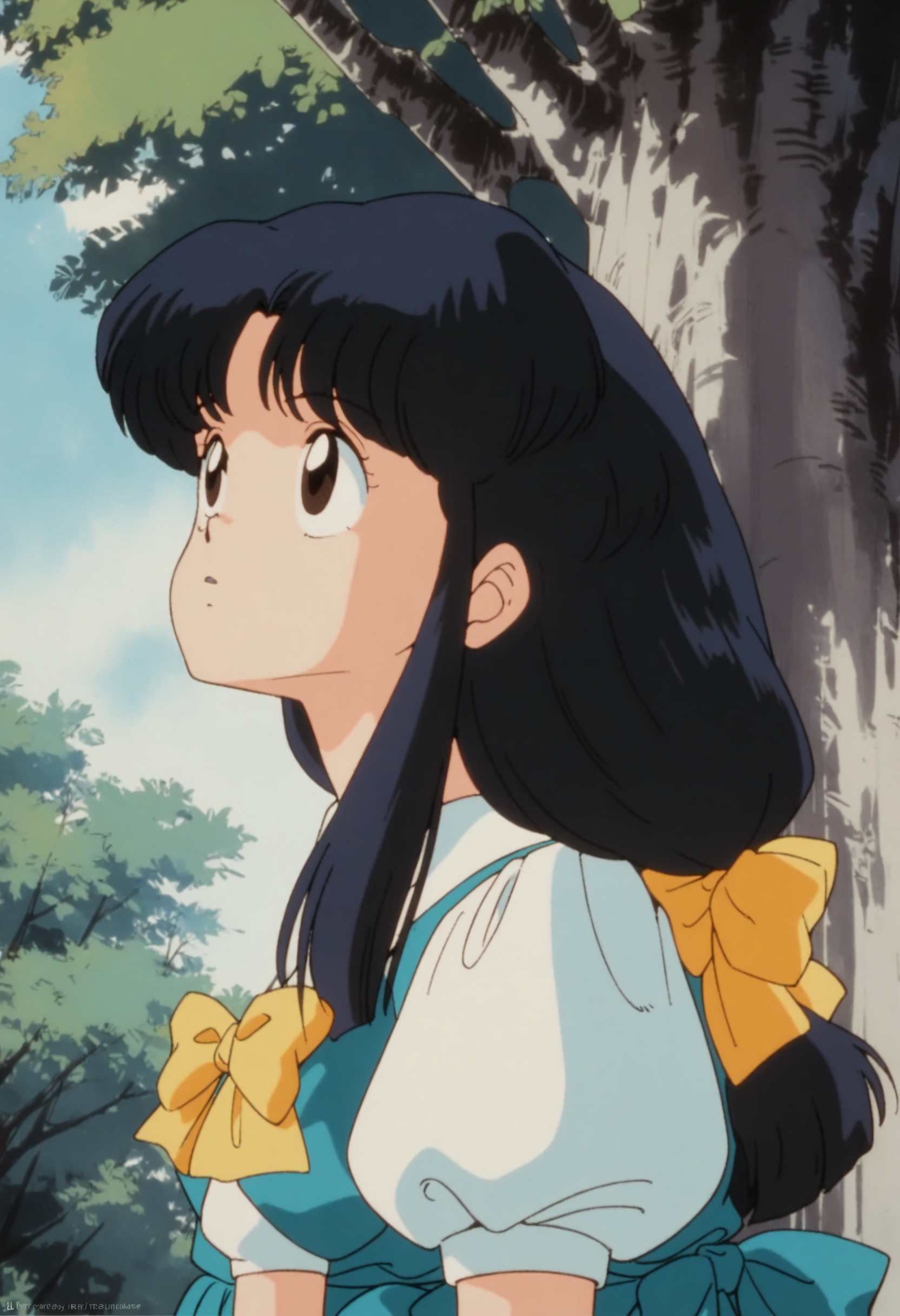 1girl, solo, retro artstyle, tendoakane,furinkanuniform,white shirt, puffy sleeves, short sleeves, dress, puffy short sleeves, blue dress, long hair, bangs, upper body, outdoors, tree,bow, hair bow,yellow bow, low-tied long hair, looking up,<lora:akane tendo_xl_v2:0.7>,