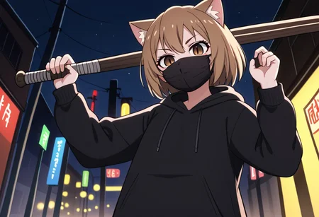 Aisaka_Taiga, 1girl, solo, flat chest, brown_eyes, catgirl, hoodie, from below, no mouth, no nose, baseball bat, black mask, face mask, black hoodie, street, night, narrow street, dark, evil, agressive, tokyo, suburban, neon lights