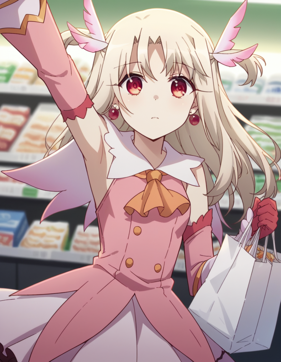 score_9, score_8_up, score_7_up, source_anime, <lora:illyasviel-von-einzbern-prisma-s2s3-ponyxl-lora-nochekaiser:1>,, illyasviel von einzbern, long hair, blonde hair, red eyes, parted bangs,, hair ornament, gloves, dress, jewelry, earrings, detached sleeves, ascot, magical girl, feathers, pink dress, feather hair ornament, prisma illya,, grocery store, cashier, shopping bag, scanning items, small talk, everyday routine, , looking at viewer, arm raised above head, solo,, cowboy shot, dutch angle