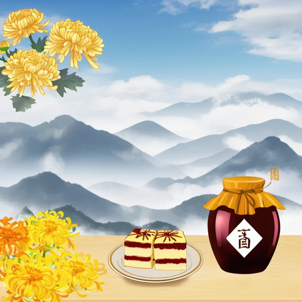 ChongYang Photography, a bow of cakes and a jar of wine on the table, chrysanthemums, hills and clouds in the background, best quality, high quality, masterpiece, 8K UHD, highly detailed, ultra detailed <lora:ChongYang_v1.0:0.8>