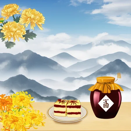 ChongYang Photography, a bow of cakes and a jar of wine on the table, chrysanthemums, hills and clouds in the background, best quality, high quality, masterpiece, 8K UHD, highly detailed, ultra detailed <lora:ChongYang_v1.0:0.8>