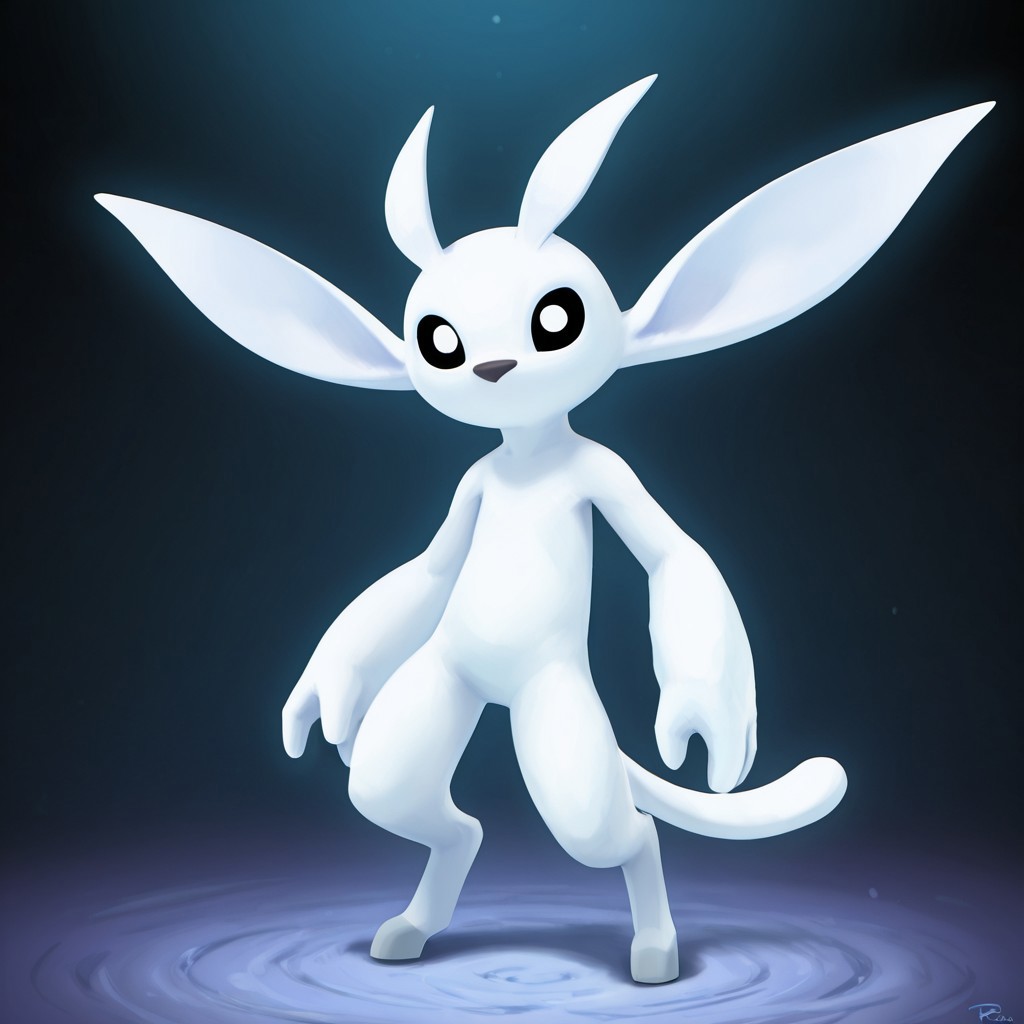 2d, Solo, 1boy, Ori, creature, bipedal, digitigrade, black nose, white body, black sclera, white eyes, large ears, tail, white antennae, white hooves
BREAK standing, looking at viewer, full body
BREAK best quality, amazing quality, very aesthetic, absurdres, newest, masterpiece