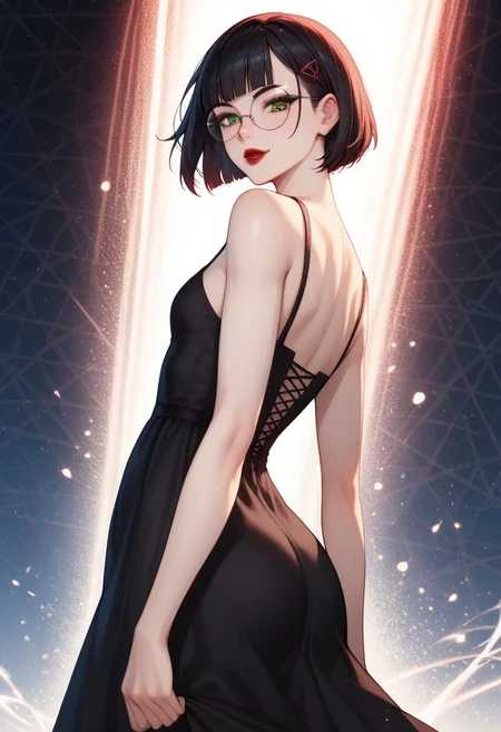 score_9, score_8_up, score_7_up, score_6_up, rating_questionable, 1girl, Polly, PollyRH, short hair, bobcut, black hair, bangs, green eyes, small breasts, almost flat chest, slim, pale skin, big round eyeglasses, clear eyeglasses lenses, red lipgloss, HD32k, dynamic pose, aesthetic, perspective, solo, detailed, sensual look, pinup pose, abstract background, detailed background, black-red tint, sensual look, pinup pose, cowboy shot, pentagram dress, black dress, fishnets, back view, back focus, from behind shot