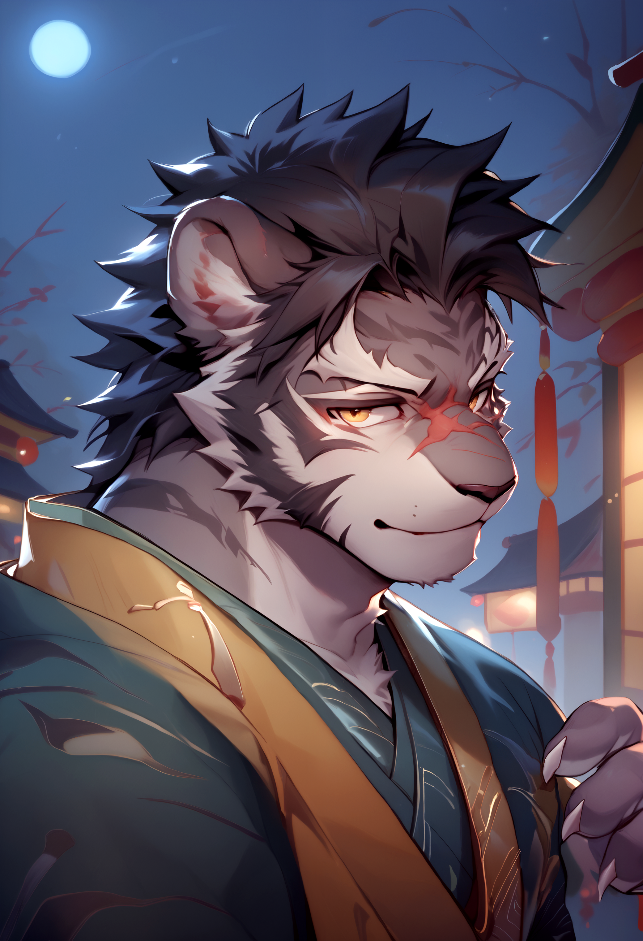 score_9, score_8_up, score_7_up, Yao_(Sdorica), tiger boy, furry male, 1boy, solo, grey fur, black hair, yellow eyes, bara, scar, kimono, close up,  night, outside,
