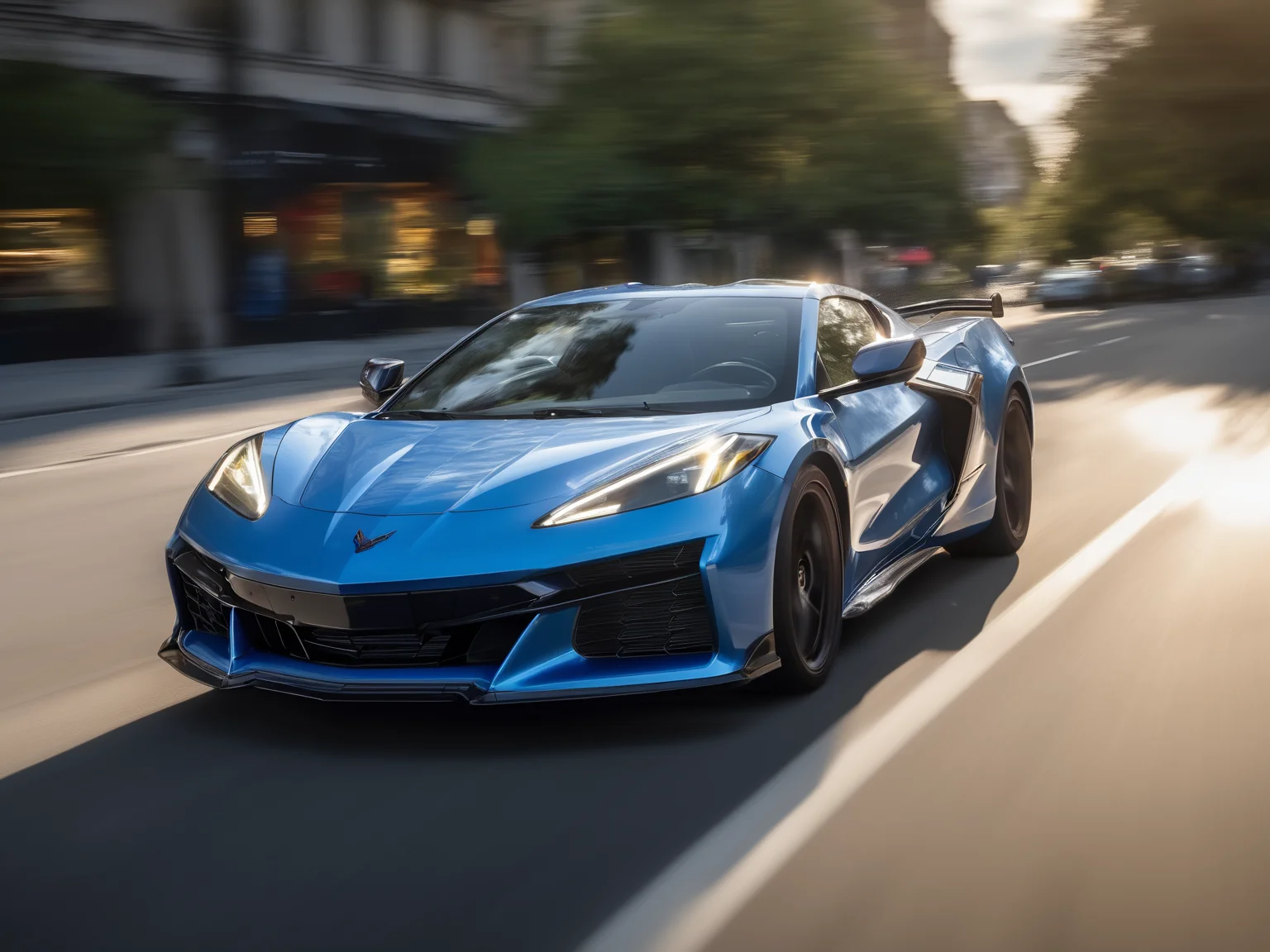 a closeup photo of cvttz06 car down the road in the city, busy street shops on the background, complete car, motion blur, 8k, uhd, golden hour ,glints <lora:cvttz06_car_t12_SDXL-000010:0.7>