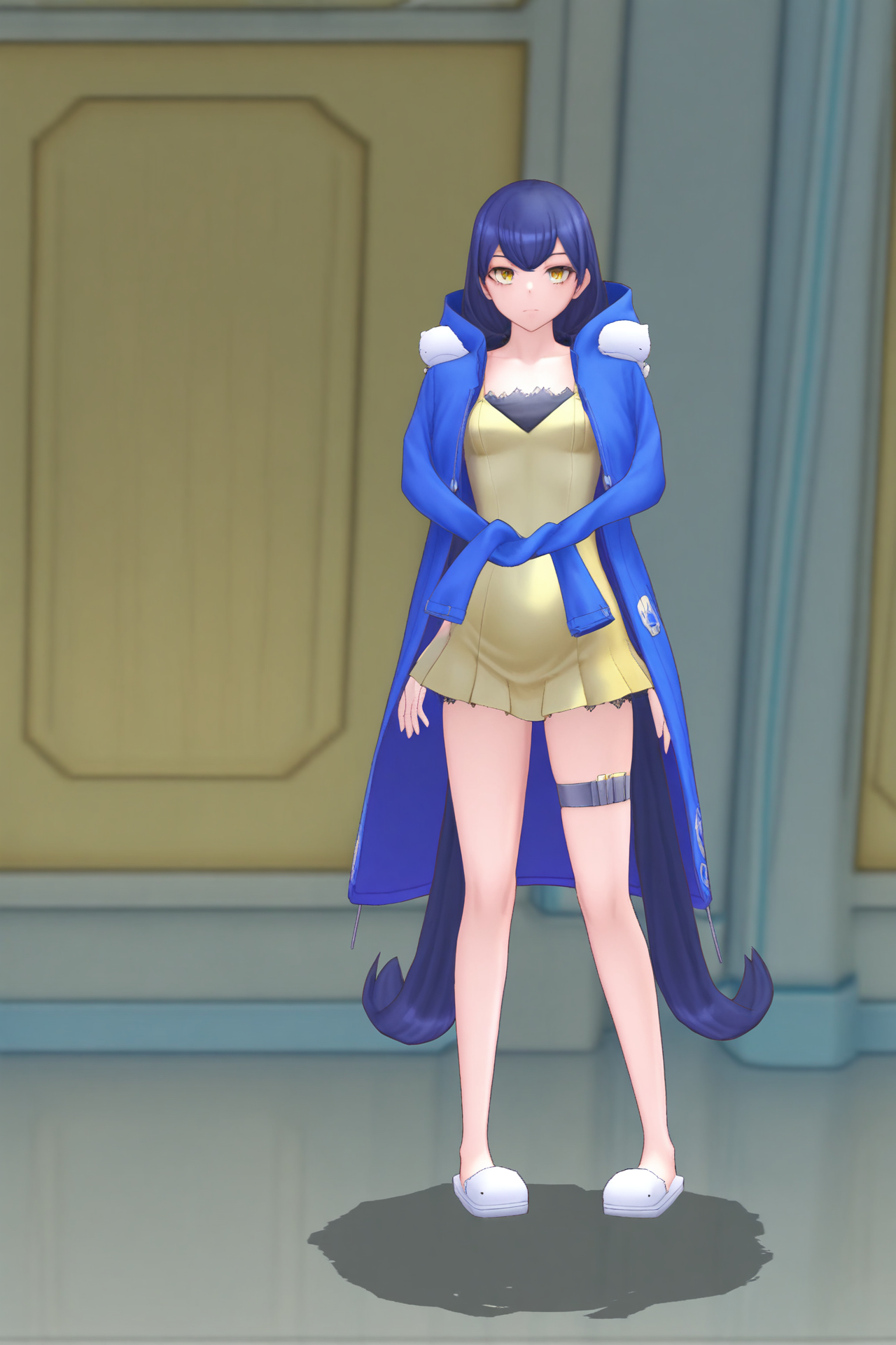 yellow dress blue jacket, dsc-erika, blue hair, hair ornament, 1girl, solo, narrow waist, masterpiece, absurdres, high quality, highres, best quality, (full body:1.20), recent <lora:dsc-erika-V01-000003:1.0>