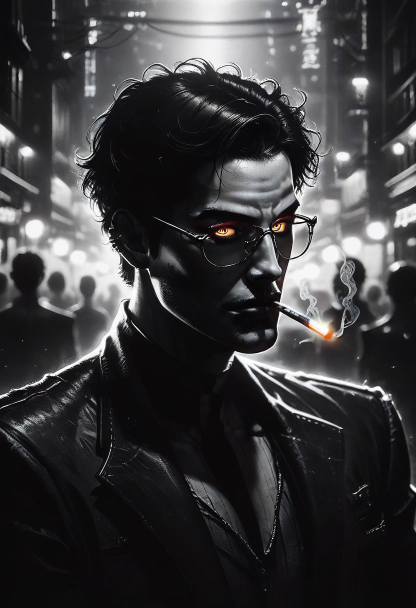 zPDXL2, score_9, score_8_up, score_7_up, source_anime, noir, portrait, mysterious goth man, night city, liting cigarette, best quality, dark theme, low light, best quality,  dark_techwear, face in profile, face close up, bpe-illuminati, depth of field, dof