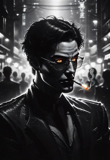 zPDXL2, score_9, score_8_up, score_7_up, source_anime, noir, portrait, mysterious goth man, night city, liting cigarette, best quality, dark theme, low light, best quality,  dark_techwear, face in profile, face close up, bpe-illuminati, depth of field, dof