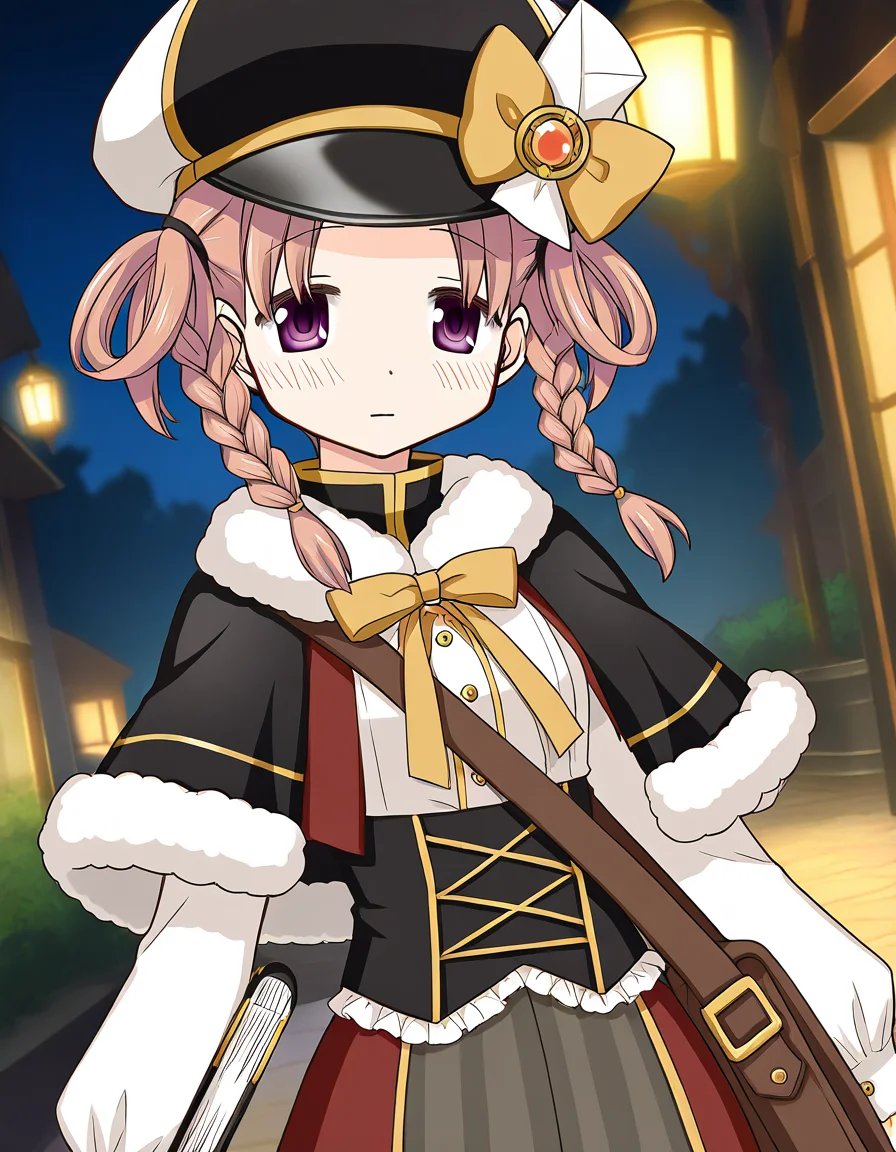 masterpiece, best quality, newest, absurdres, highres, safe, 1girl, hiiragi nemu \(holy night ver.\), magia record: mahou shoujo madoka magica gaiden, outdoors, night, dutch angle, <lora:hiiragi_nemu_noobaiXLNAIXL_vPred10Version:0.7>