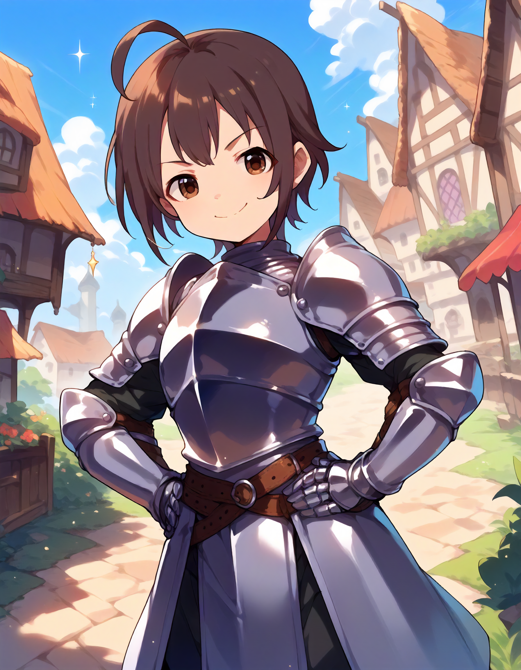 score_9,score_8_up,score_7_up,1girl,solo,cowboy shot,looking at viewer,smug,smile,hands on hips,fantasy town,dynamic angle,sparkle,
<lora:wakiyamatamami_ponyXLV6:0.8>,cgwtmm,
brown hair,short hair,ahoge,brown eyes,
knight,armor