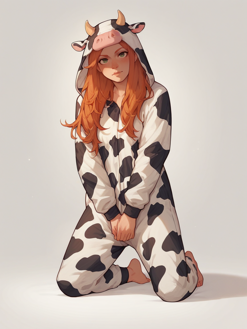 score_9, score_8_up, score_7_up, score_6_up, score_5_up,  <lora:CowonesieXLP:0.7> cow onesie, solo, cow print, animal costume, barefoot, 1girl, kneeling, long hair, ginger hair