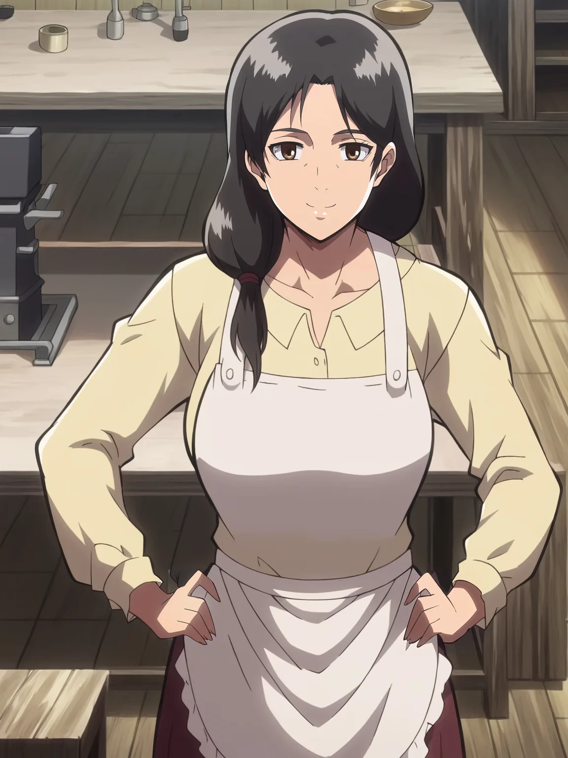 <lora:Carla_Yeager-Shingeki_no_Kyojin:1>,Carla,1girl,solo,black hair,brown eyes,long hair,mature female,shirt,skirt,apron,hands on own hips,smile,looking at viewer,indoors