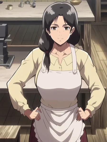 <lora:Carla_Yeager-Shingeki_no_Kyojin:1>,Carla,1girl,solo,black hair,brown eyes,long hair,mature female,shirt,skirt,apron,hands on own hips,smile,looking at viewer,indoors
