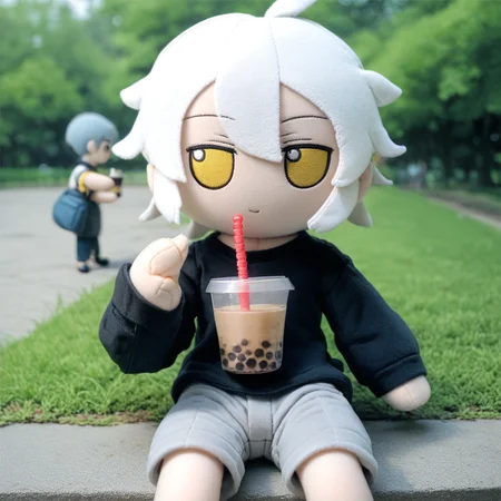 score_9_up, score_8_up, score_7_up, fumo, fumos, plushie, cute, toys, dolls, toy, fumo style, Fumo plush doll, fumo \(doll\), white hair, yellow eyes, park, holding, bubble tea, black sweater, gray shorts, 1boy, solo