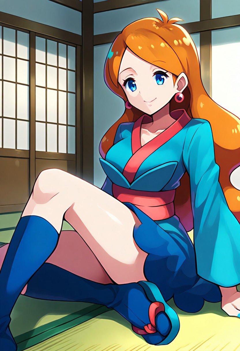 1girl, solo, sitting, dojo, tatami, full_body, close-up, girl_focus,  furilinnea, very_long_hair, orange_hair, earrings, blue_eyes, japanese_clothes, kimono, blue_kimono, sash, wide_sleevees, kneehighs, blue_socks, sandals, blue_footwear, blue_nails