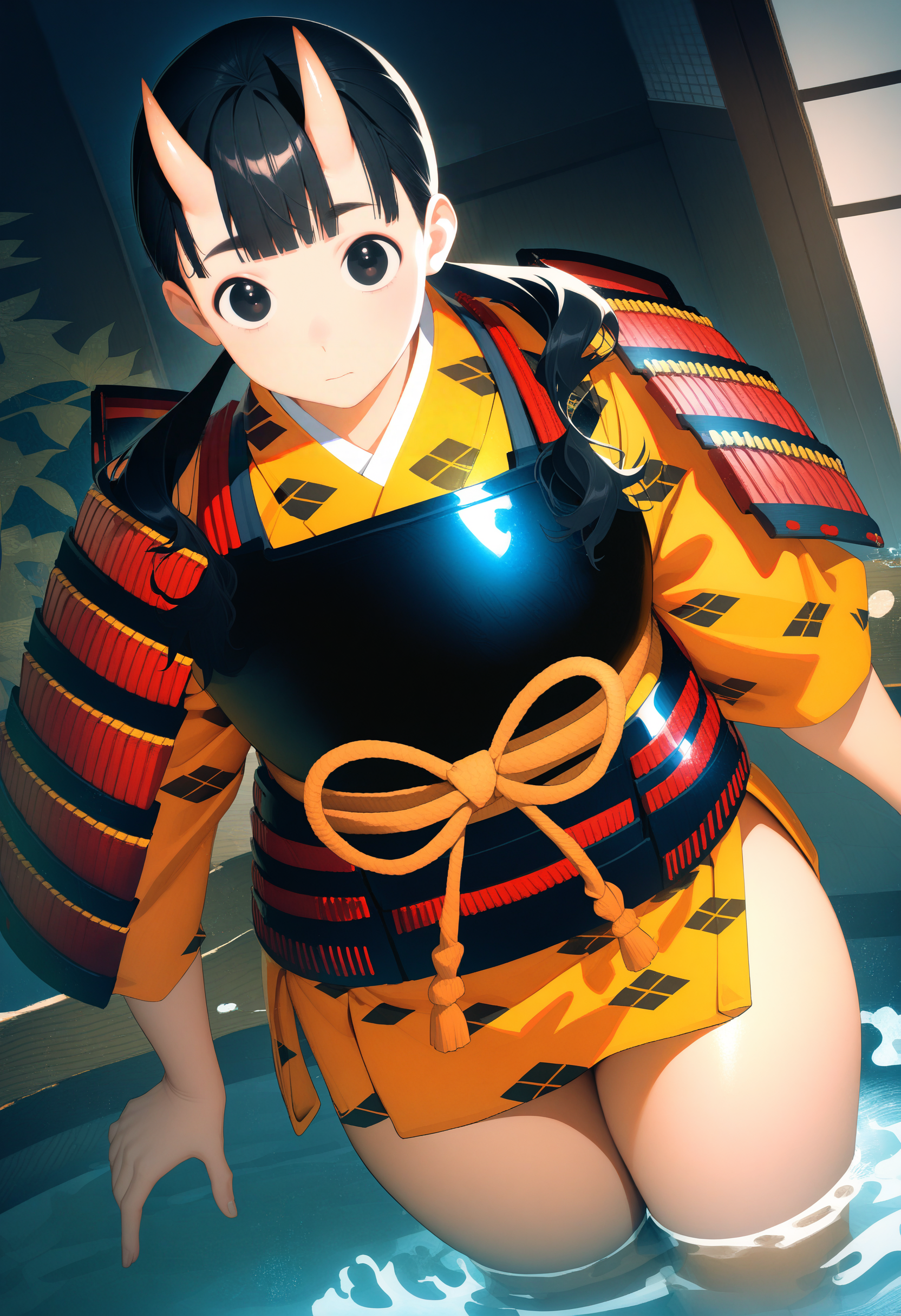 inutade, inutade original outfit, long hair, black hair, twintails, thighs, oni horns, japanese clothes, black eyes, armor, thick thighs, oni, japanese armor
cowboy shot, indoors, dungeon, water, atmospheric, looking at viewer, from above,
masterpiece, best quality, very aesthetic, absurdres
<lora:dungeon_meshi_collection_ani_v23:1>