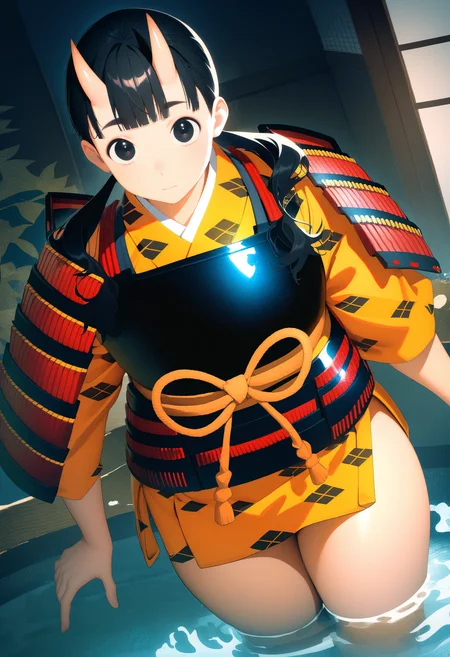 inutade, inutade original outfit, long hair, black hair, twintails, thighs, oni horns, japanese clothes, black eyes, armor, thick thighs, oni, japanese armor
cowboy shot, indoors, dungeon, water, atmospheric, looking at viewer, from above,
masterpiece, best quality, very aesthetic, absurdres
<lora:dungeon_meshi_collection_ani_v23:1>