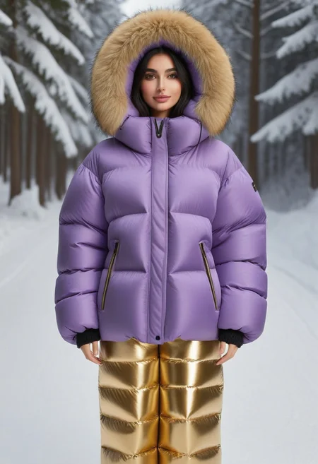 ((((puffer padded jacket)))), ((((puffer padded coat)))), ((((full body)))), ((((fur boots)))), ((((puffer pants)))), ((((puffer hood up)))), winter, snow, forest, 1girl, solo, (masterpiece), detailed face, detailed eyes, (beautiful detailed eyes:1.5), sidelighting, (super detail, hyper detail, intricate_details, detailed), (semi realistic:1.6), (Bob cut), blunt bangs,(black hair), (purple eyes, eyelashs), tanned skin, smug smile, angry face, Golden jewelery, golden rings, golden necklace, golden armlets, golden chains, padded cuffs, padded collar, Thick padded cuffs, Thick padded collar, <lora:Collar-SDXL:0.6>, <lora:Cuffs-SDXL:0.6>, <lora:Puffer_Jacket_and_Down_Jacket_-_Extra_Puffy_Jackets:0.4>, <lora:snowpants_v1:0.4>
