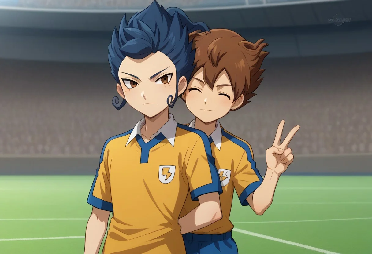 score_9, score_8_up, score_7_up, source_anime, highly detailed, 2boys,
tsurugi, 1boy, male focus, blue hair, brown eyes, sportwear, raimon, raimon soccer uniform, shirt, yellow shirt, short sleeves, frown BREAK
tenma, 1boy, male focus, brown hair, closed eyes, sportwear, soccer uniform, raimon soccer uniform, raimon, shirt, yellow shirt, short sleeves, smile, v sign, BREAK
outdoor, upper body, hug from behind, height difference