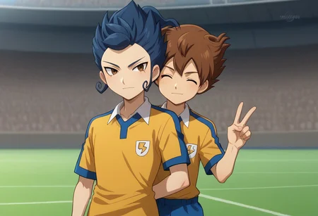 score_9, score_8_up, score_7_up, source_anime, highly detailed, 2boys,
tsurugi, 1boy, male focus, blue hair, brown eyes, sportwear, raimon, raimon soccer uniform, shirt, yellow shirt, short sleeves, frown BREAK
tenma, 1boy, male focus, brown hair, closed eyes, sportwear, soccer uniform, raimon soccer uniform, raimon, shirt, yellow shirt, short sleeves, smile, v sign, BREAK
outdoor, upper body, hug from behind, height difference