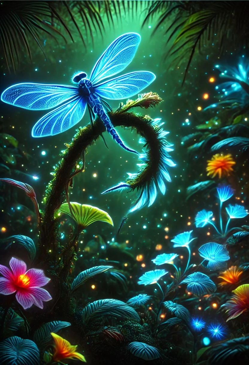 score_9, score_8_up, score_8, masterpiece, high detailed, very detailed, HD, best quality, hyper detailed, ultra detailed, super realistic, close-up, macro 100mm, macro photography,
incredibly beautiful Bioluminescent flowers in bright and saturated colors. Let it be a magical garden filled with exotic plants and bright buds, foreground a giant dragonfly, Add a soft light that creates an atmosphere of calm and harmony. Include a variety of shapes and textures of colors to emphasize their beauty and uniqueness. The background can be blurred to focus on the colors.
dynamic angle, dynamic lighting,