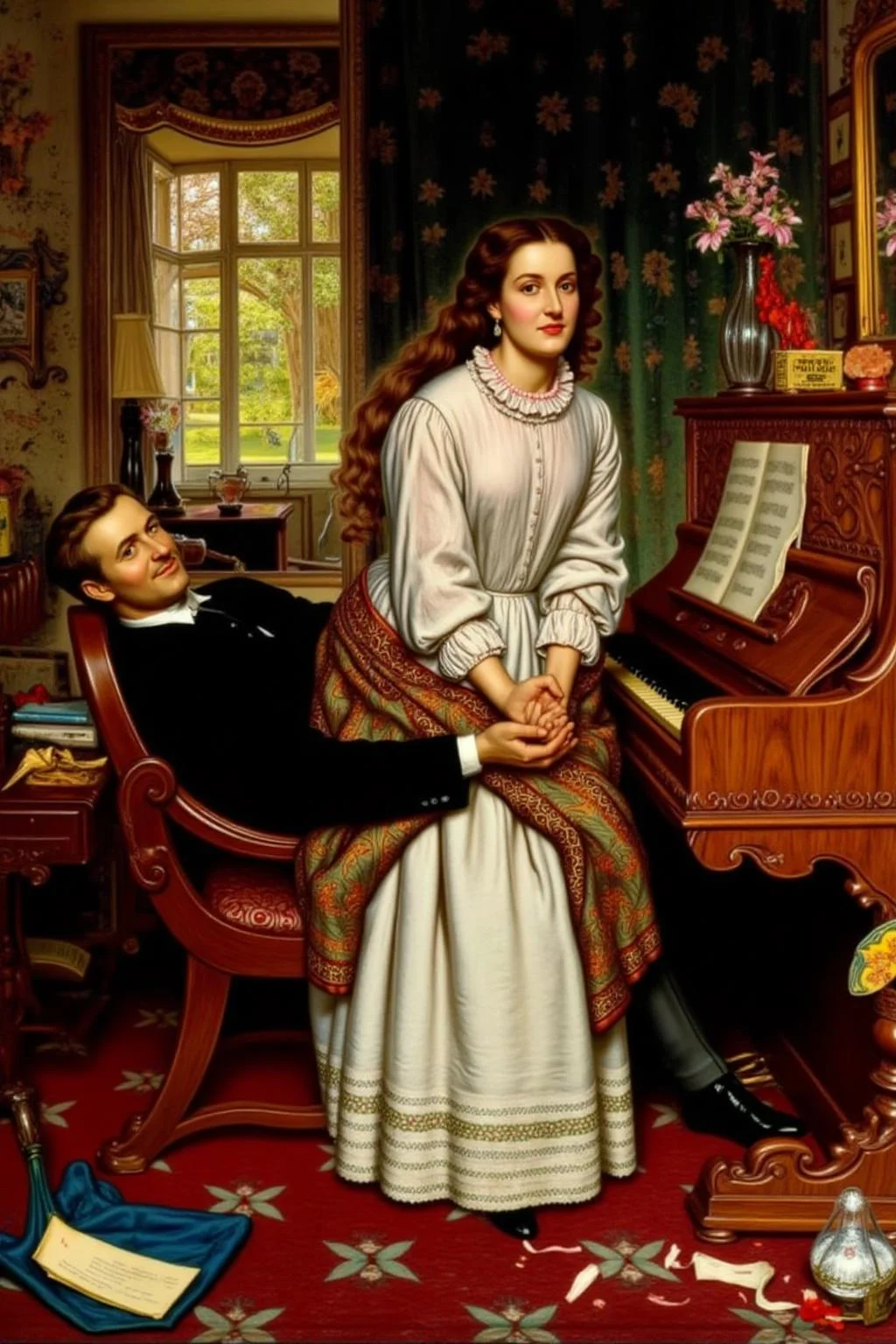 williamhhunt1 painting.
A domestic scene from the Victorian era, featuring a woman and a man in a richly furnished room. The woman stands beside a grand piano. She has long, wavy hair and wears a white long-sleeved blouse with a ruffled collar and a full, intricately patterned skirt. Behind her, a smiling man sits. <lora:williamhhunt1_cap_d6a3e9:1.0><lora:838051920502460093:0>