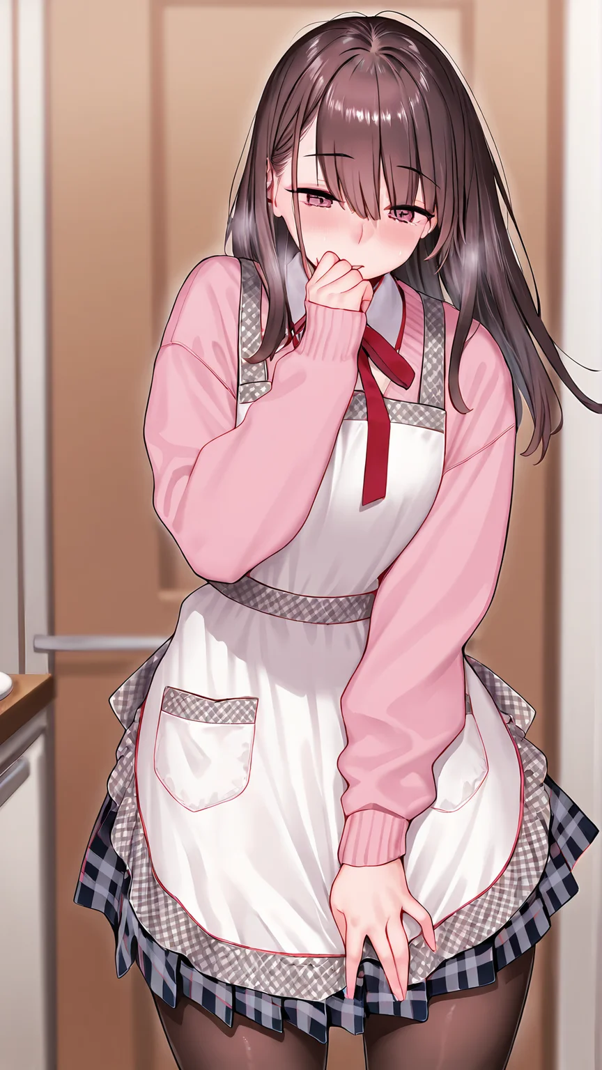 amazing quality,absurdres,best quality,masterpiece,highres,newest,detailed,detailed body,detailed face,masterpiece,best quality,solo,
Possessed Niece,1girl,pantyhose,apron,solo,long hair,plaid skirt,pink sweater,brown hair,red ribbon,<lora:åã¿ç¥ã¨æããã姪:0.8>,