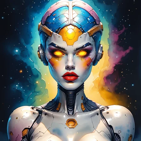 Score_9, score_8_up, score_7_up, score_6_up, <lora:WatercolorPony2_r1:1> ArsMJStyle, watercolor space opera of sentient robot- robots with expressive visual displays, glowing eyes, and sleek, polished exteriors , galactic network administrator , ( soft colors)