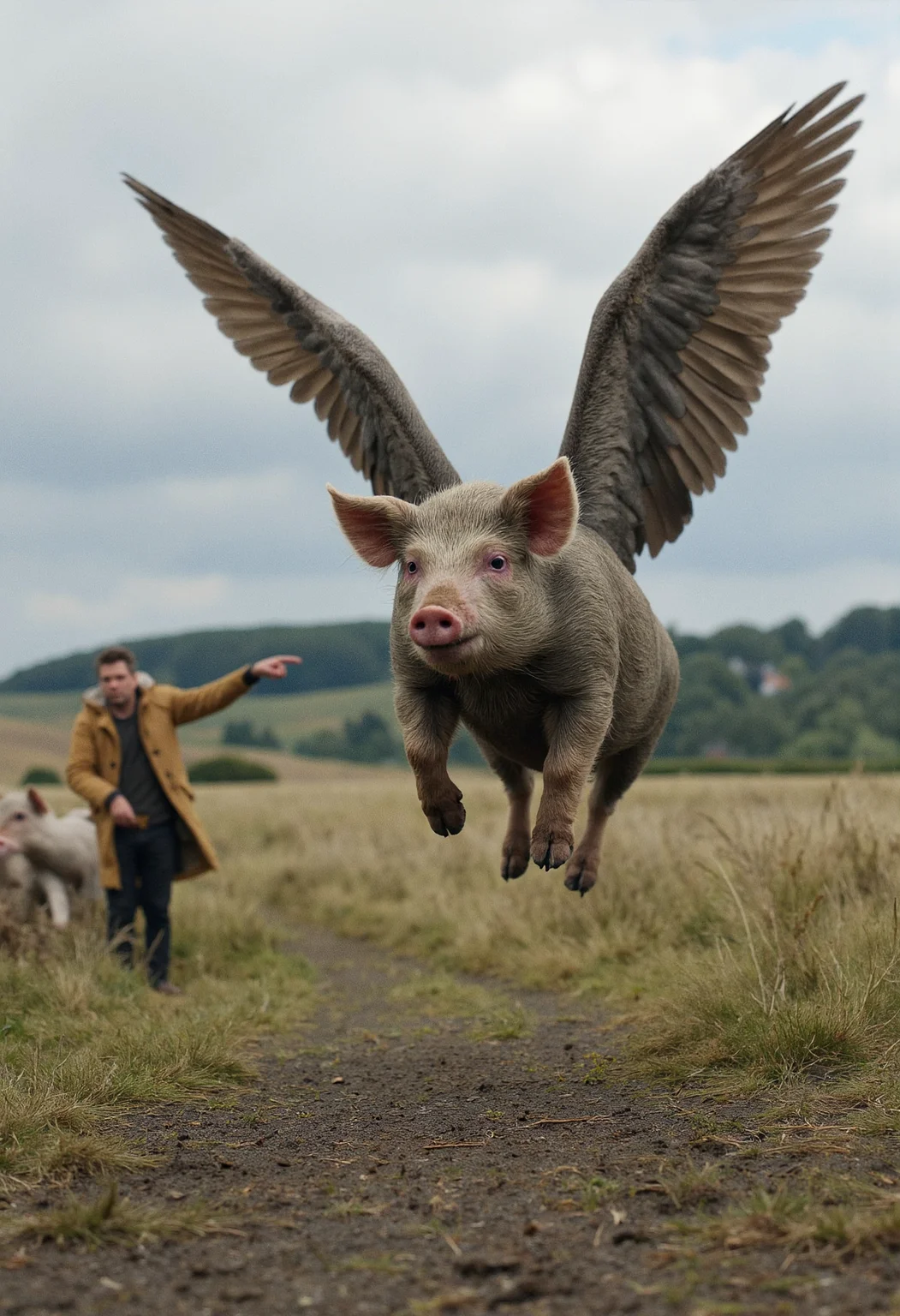 professional photography of a pig with long grey wings flying towards the viewer, high above the ground, with detailed skin feathers and hair, dirty and muddy. In the background, there are more winged pigs, every pig has wings, flying in the sky. A man in an anorak in the distance is pointing at the pig in awe. Set in a rural english landscape, photorealistic, detailed, style of national geographic <lora:dark_cinematic_flux_1_0:1>