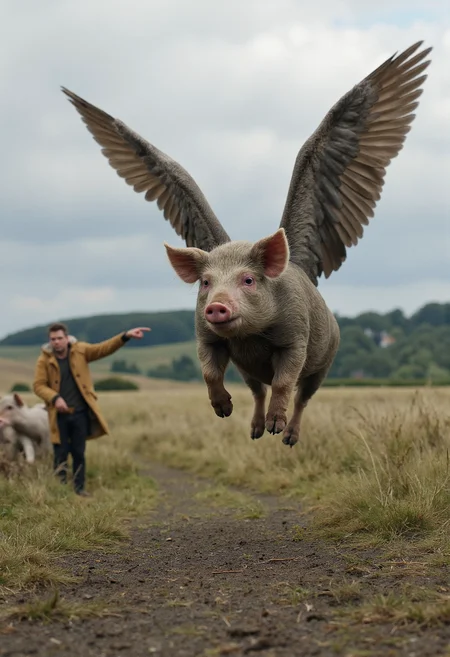 professional photography of a pig with long grey wings flying towards the viewer, high above the ground, with detailed skin feathers and hair, dirty and muddy. In the background, there are more winged pigs, every pig has wings, flying in the sky. A man in an anorak in the distance is pointing at the pig in awe. Set in a rural english landscape, photorealistic, detailed, style of national geographic <lora:dark_cinematic_flux_1_0:1>