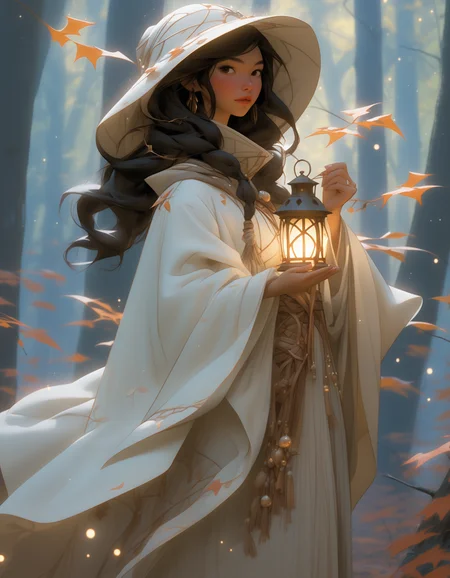 NijiEX style A young woman adorned in a fur-lined cloak wields a lantern amidst a mystical forest setting surrounded by ethereal spider webs and floating leaves, best quality