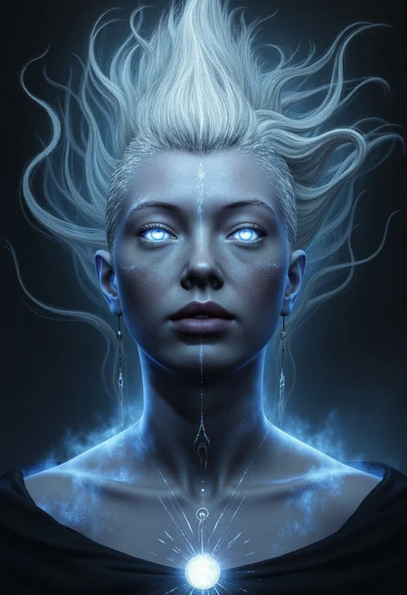 (in Boris Vallejo style:1.4), (masterpiece:1.2) A mysterious female entity with skin like moonlit marble stares forward, her piercing, silver-flecked eyes framed by long, dark lashes that add intensity to her gaze. Her face is flawless, with sharp cheekbones and full, slightly parted lips that shimmer with a soft, otherworldly light. Ethereal symbols, glowing faintly, curve across her forehead and temples, suggesting ancient magic. Flowing, silver mohawk hair surrounds her, blending with a nebula-like aura that radiates a gentle, silvery-blue light. Soft wisps of mist curl around her shoulders, accentuating her enigmatic presence. (hyperdetailed facial symbols and glowing aura:1.1), (intricate eye reflection and misty aura:1.1), (Refined mystical atmosphere:1.1), (best quality:1.1), (high resolution:1.2)