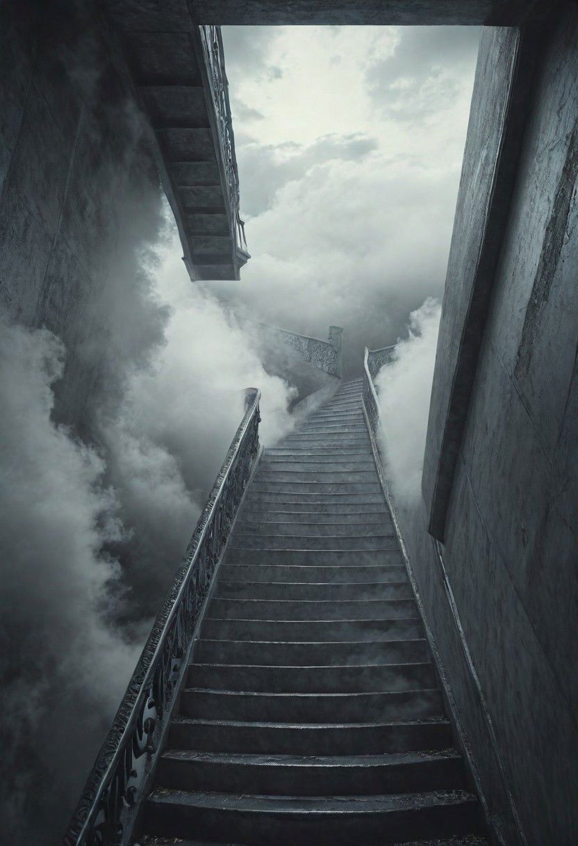 A surreal depiction of the quest for equality, represented by a vast, ((endless staircase winding through the clouds)), with diverse people climbing together toward a shining, elusive doorway at the top. The scene blends elements of fantasy and reality, with barriers along the path symbolizing various social obstacles. The mood is hopeful yet challenging, with ethereal lighting and symbolic motifs scattered throughout.  <lora:add-detail-xl:1>