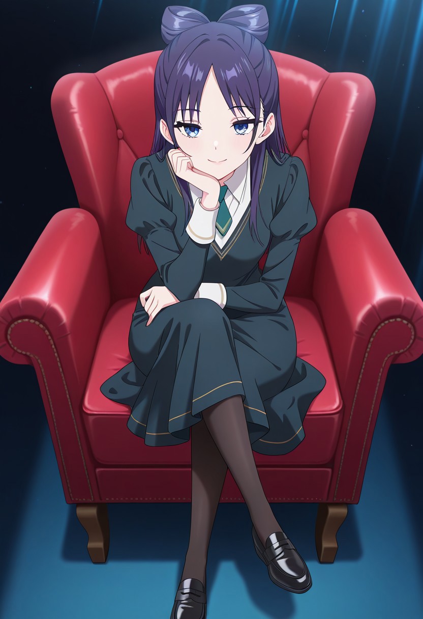 (absurdres, best quality, masterpiece:1.4), amazing quality, highres, newest, detailed, detailed body, detailed face, source anime, anime coloring, beautiful, dark background, petite, on fancy red chair, sitting, light ray, cross legs, hand to own chin, downturned eyes, looking ahead,
BREAK
WWNemu, 1girl, solo,  smile, NemuAniHu, dark purple hair, bow-shaped hair, parted bangs, half updo, blue eyes, v-neck dress, white inner collared shirt, Short necktie, juliet sleeves, long skirt, black pantyhose, black shoes,