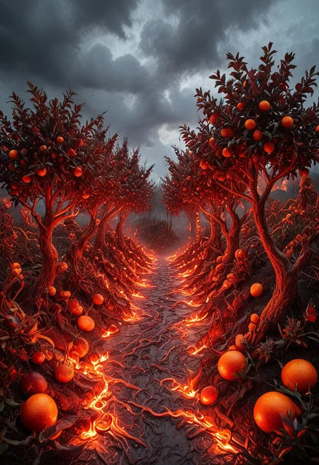 blood orange style fruit trees, red hell landscape,strange and exotic trees and glowing plantlife, dark clouds, fire
