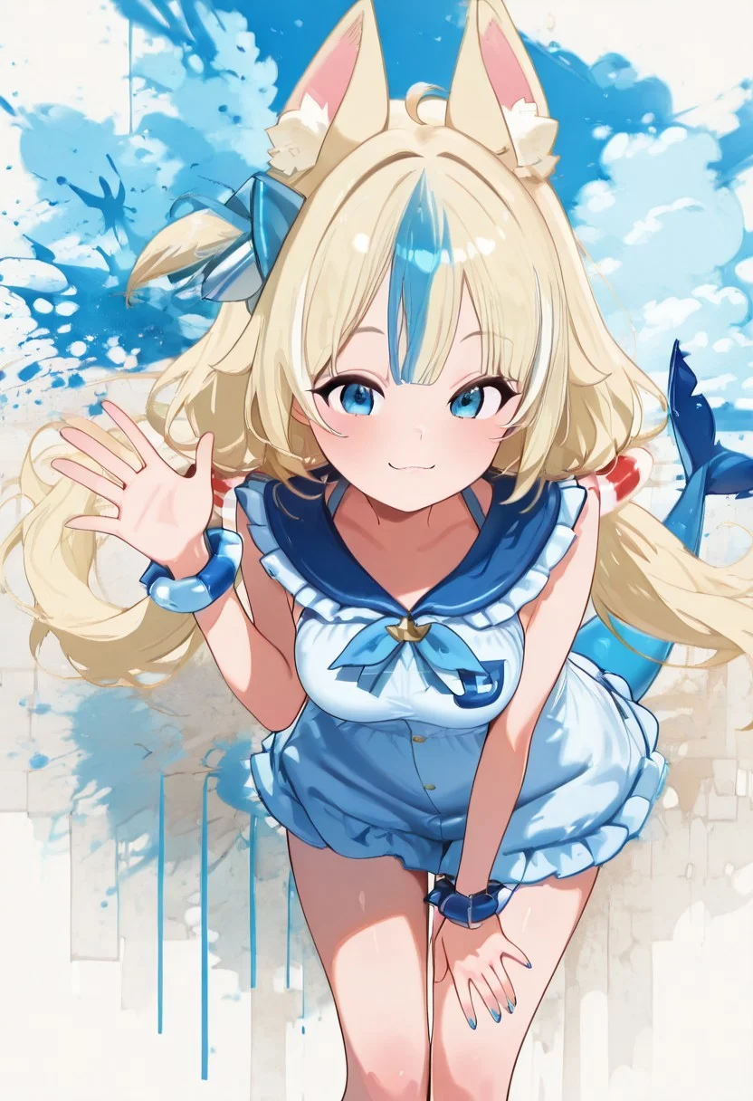masterpiece, best quality, sameko saba, low twintails, animal ears, blue eyes, blonde hair, blue streaked hair, ribbon, blue hair bow, two-tone hair, lifebuoy hair ornament, fish tail, blue nails, neckerchief, blue frilled sailor collar, ribbon trim dress, white dress, long hair, ribbon, smile, single wrist scrunchie, blue sky, brooch, large breasts ,,
skin fang, looking at viewer,
paint splatter, blue paint, white wall, leaning forward, waving,