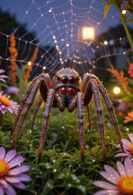 (medium full shot) of (dazzling spider) with a brown bulky frame with sleek design, small size, spiky legs with sharp claws, sticky web, glowing eyes, located in a lush garden, with blooming flowers, sparkling dew, colorful webs, and a vibrant feel, during twilight, Masterpiece,best quality, photo, realistic, very aesthetic,