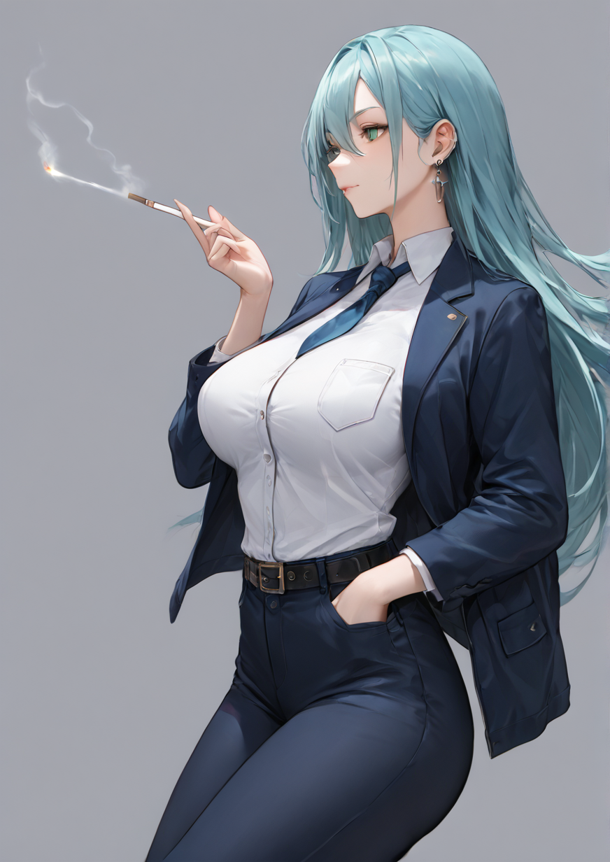 1girl, hikawa sayo, huge breast, aqua hair, belt, black belt, blue jacket, blue necktie, blue pants, character name, cigarette, collared shirt, ear piercing, earrings, floating hair, formal, from side, green eyes, grey background, hair between eyes, hand in pocket, jacket, jewelry, lighter, lighting cigarette, long hair, long sleeves, necktie, pants, piercing, shirt, solo, suit, white shirt,zPDXL3 <lora:GoldenMiocola:0.8>