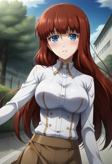 rating_safe, Ultra-high-detailed Anime illustration of Kagari Shiina. The artwork features Kagari in a solo, face focus, upper body, standing position with a outdoors, street background. She is depicted with intricate details showcasing her big_breasts, natural_breasts. She is a white skinned, 22 years old woman. Kagari is looking_at_viewer with perfect_eyes, Her pupils are highly detailed. The eyes are open. blue eyes. Kagari's eyes are highlighted. Highlighted eyevrows. She has long_hair, red_hair styled in floating_hair, shiny_hair and bangs. She is wearing a white shirt with golden seams and brown skirt, short skirt. The artistic style is intricate_details_xl with a focus on Anime art. The color palette emphasizes red and black with detailed strokes to bring out the character's features. The lighting creates dramatic shadows and highlights, adding depth to the artwork. The perspective is from a face focus, dutch angle to enhance the impact of the character's expression. This masterpiece is a true portrayal of Kagari's complex personality and will captivate any fan of Kagari. uncensored