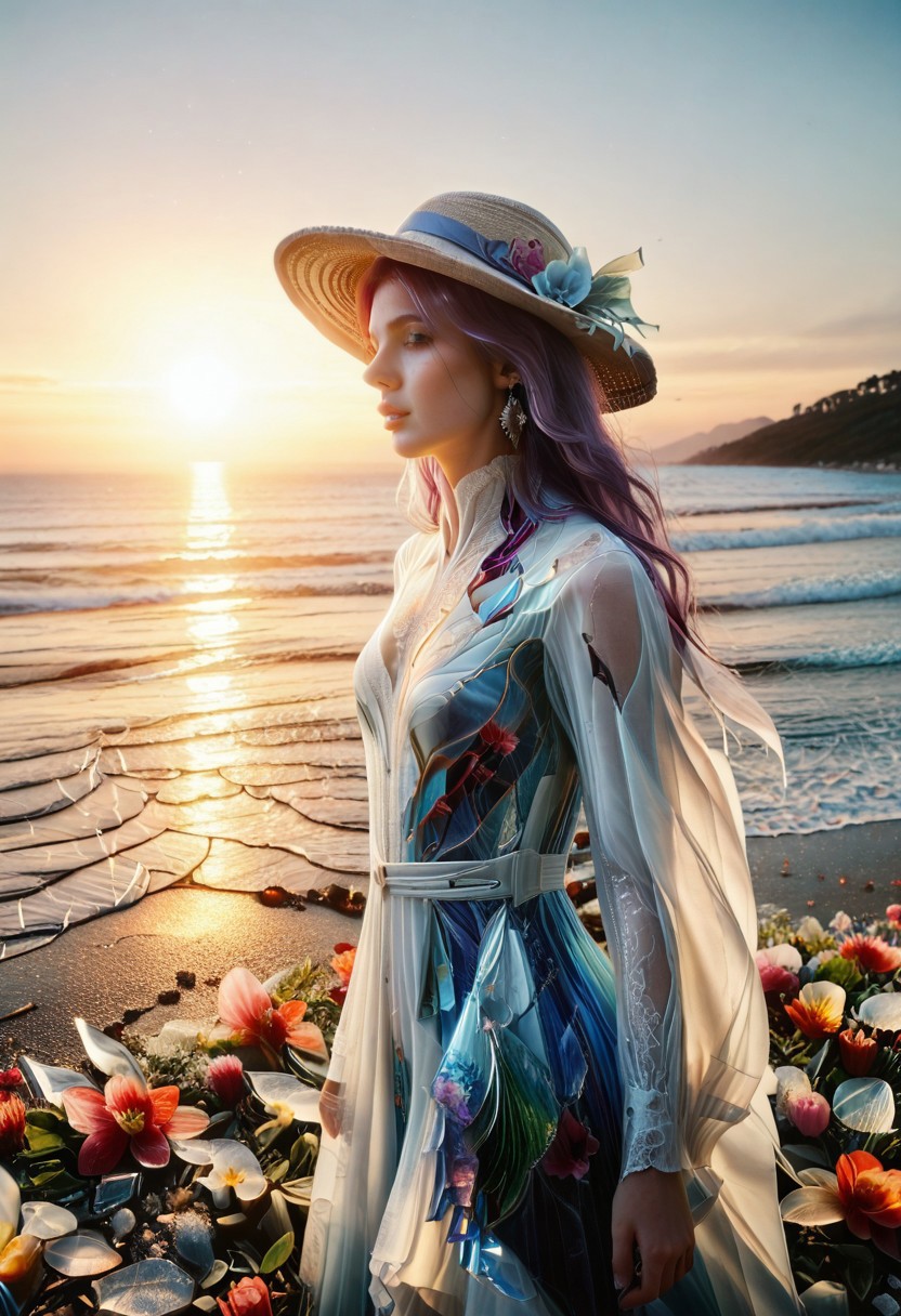 glass shard, (anatomically correct:1.7), photo, photo_realistic, 1girl, realistic, scenery, (outdoors:1.2), dramatic makeup, (large summer hat:1.3), (sunset:1.4), (red sky:1.2), beach, photorealistic, cinematic, flowers, photorealism, cinematic lighting, (fully dressed:2), Cantarella, long hair, purple hair, earrings, blue eyes, white dress.