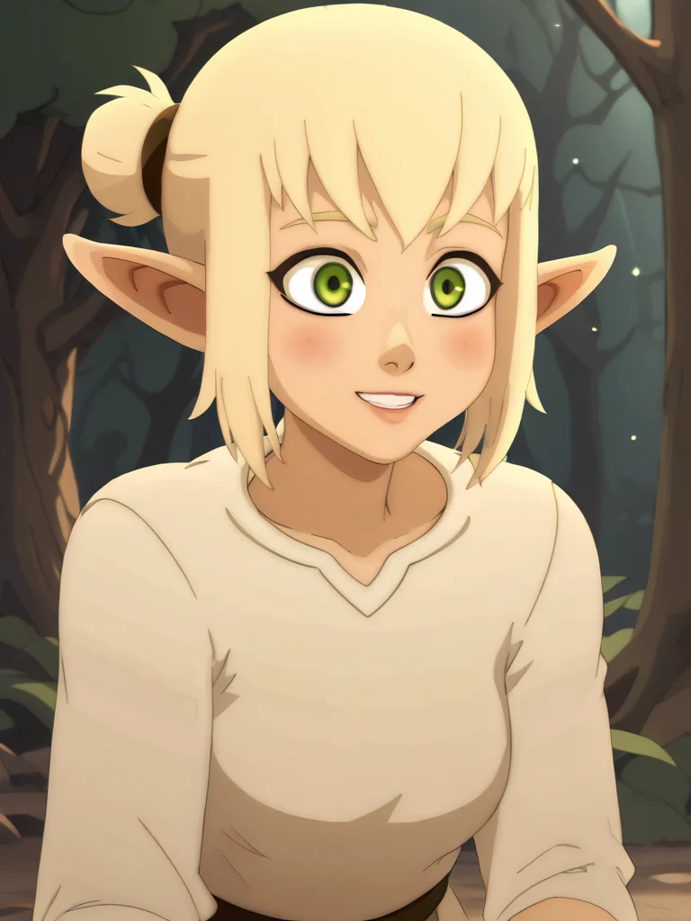 <lora:PonyQuality_V3.3:0.8>,<lora:Wakfu_CharacterPackV02:1>,evangelyne,<lora:2.5DCartoonV2:0.8>,happy,solo,forest,