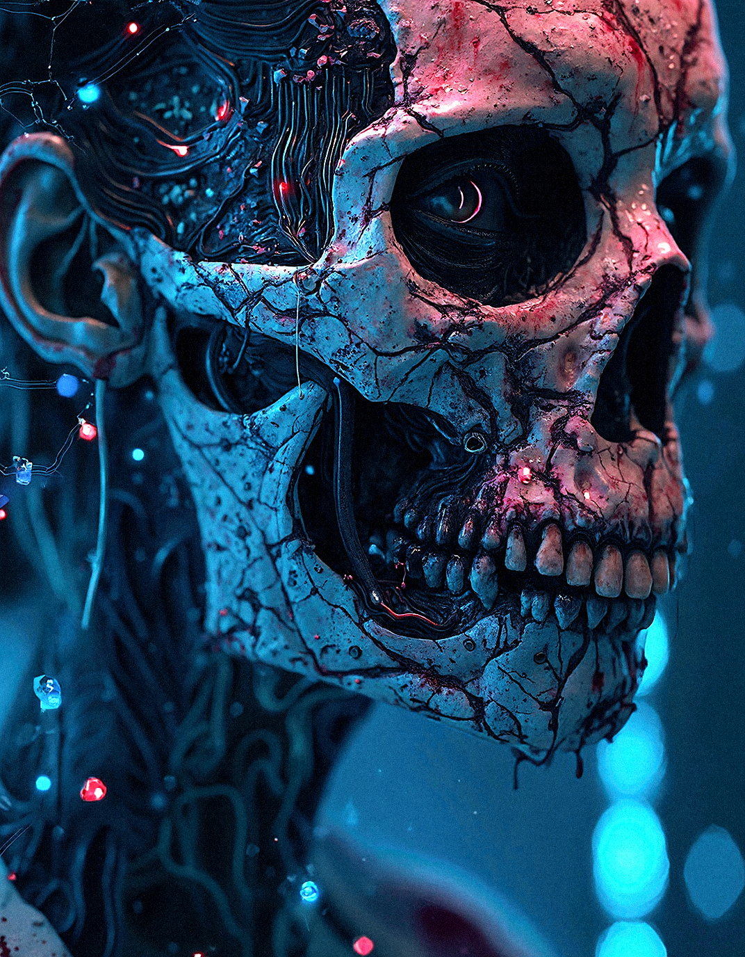 an ultra realistic depiction close-up of a woman’s face, adorned with a terrifying skeletal mask dripping with oil and blood. The mask, fused to her skin, is laced with neon circuitry that glows in electric blue and magenta. The circuitry appears to be part of her anatomy, snaking down her neck and disappearing into her flesh, as if it’s pumping digital energy into her being. Her intense gaze, highlighted by a glowing blue eye, contrasts with the dark, synthetic hues of her surroundings. The background is a cacophony of neon lines and digital symbols, suggesting an advanced cybernetic network that envelops her, reflecting her connection to the matrix.








