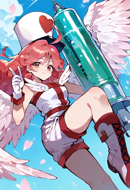 score_9,score_8_up,score_7_up,source_anime,zPDXL3,
*//*,<lora:InjectionFairyLily_v1.0:1>,lily_ygo,1girl,wings,hat,nurse cap,gloves,heart,nurse,boots,shorts,angel wings,(syringe, oversized object, holding syringe:1.1),
*//*,looking at viewer,cowboy shot,dutch angle,dynamic pose,