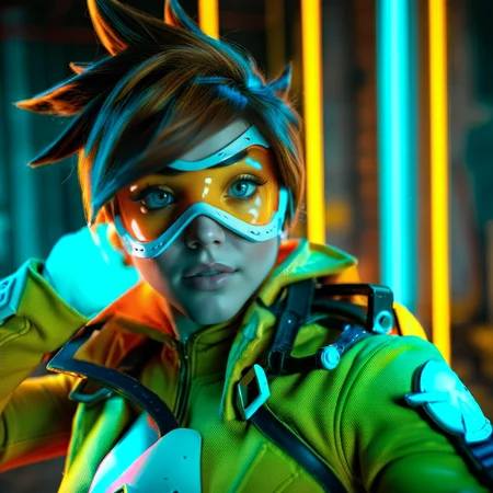 cinematic photo a woman with an orange glassmask holding guns in a futuristic cyberpunk background, neon lights <lora:Tracer1024:0.8> . 35mm photograph, film, bokeh, professional, 4k, highly detailed