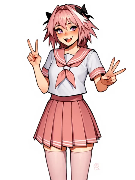 score_9, score_8_up, score_7_up, score_6_up, score_5_up, score_4_up, rating_safe
BREAK
astolfo \(fate\), otoko no ko, pink hair, braid,
BREAK
solo, standing, pink serafuku, white shirt, pink thighhighs, pink skirt, peace sign,
BREAK
white background, <lora:Lunas-SimzArts-SDXL-A1:1>