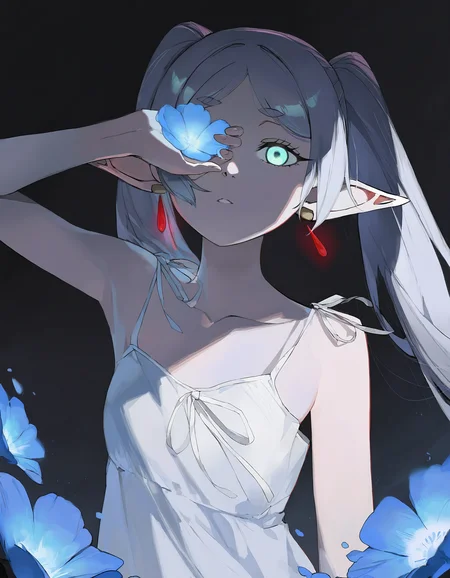 very awa, 1girl, frieren, sousou no frieren, black background, bare shoulders, close-up, upper body, flower, hand over eye, blue flower, glowing eyes, dark theme, white nightgown, arms at sides
[masterpiece:0.15], [best quality:0.15], [newest:0.15], [absurdres:0.15]  <lora:artist_miji_black_vpred:1>