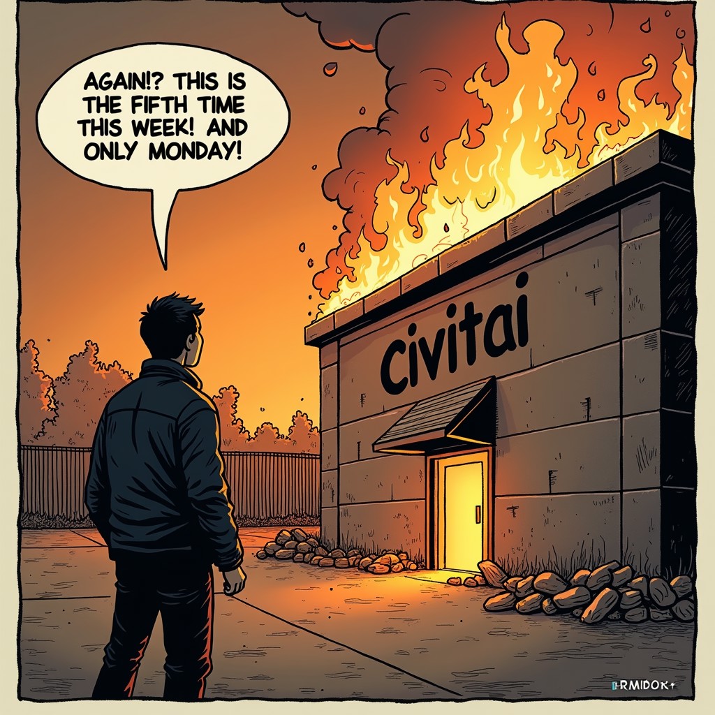 Create an image in the style of a comic about a man looking at a burning "Civitai" building and saying to himself "AGAIN!? THIS IS THE FIFTH TIME THIS WEEK! AND IT'S ONLY MONDAY!"