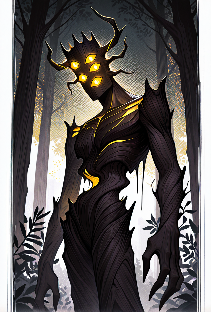 <lora:creaking-10:1> creaking, no humans, standing, monster, glowing eyes, yellow eyes, solo, extra eyes, plant, yellow sclera, horns, creature, tree, horns, masterpiece, best quality, amazing quality, very aesthetic, absurdres, newest,, upper body, halftone effect, white borders, abstract background:1.2,